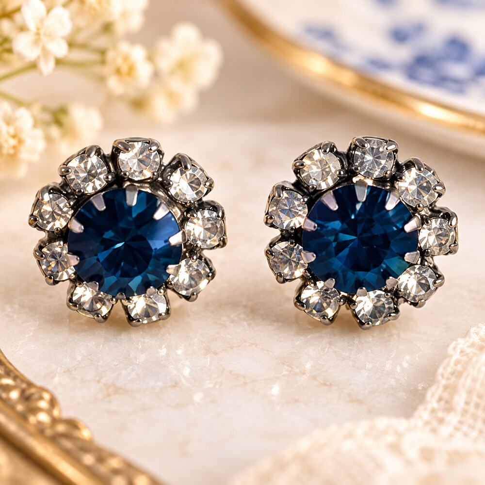 Vintage Sapphire Blue Glass Rhinestone Stud Earrings Floral Halo Estate Style